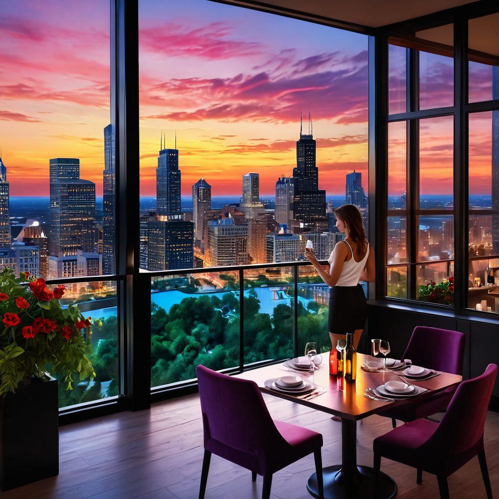 A vibrant skyline of Chicago at sunset, showcasing modern luxury apartments with large windows and vintage wine bottles artfully placed on a balcony. In the foreground, a couple enjoys a romantic dinner with a view of the city, surrounded by colorful city life and lush greenery. The scene captures a blend of sophistication and warmth. super-realistic. vibrant colors. 3D.
