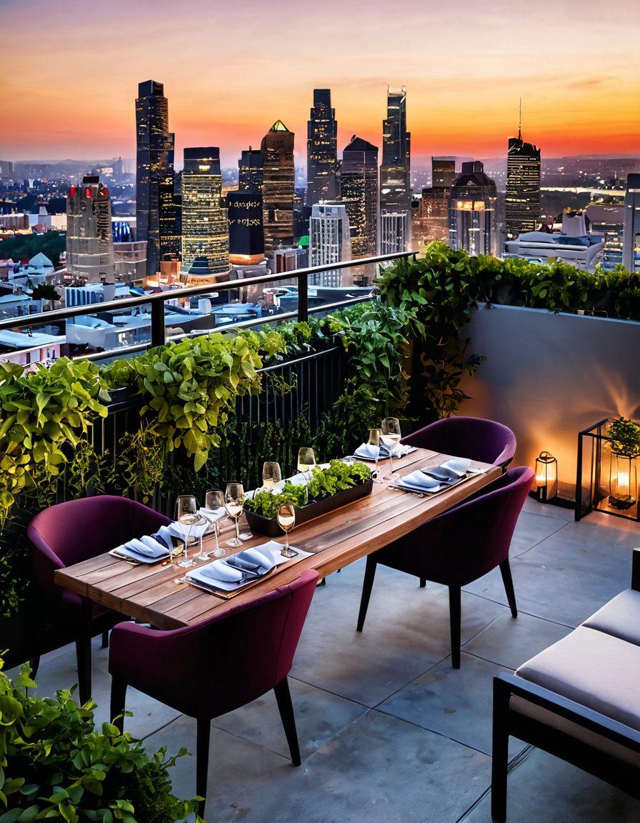 An elegant urban rooftop garden featuring a stylish wine tasting setup with fine glassware, surrounded by lush greenery and breathtaking city skyline views at sunset. Include chic outdoor furniture and ambient lighting to create a cozy yet upscale atmosphere. Capture the essence of sophistication and relaxation, inviting viewers into an elevated urban lifestyle. super-realistic. vibrant colors. sunset backdrop.