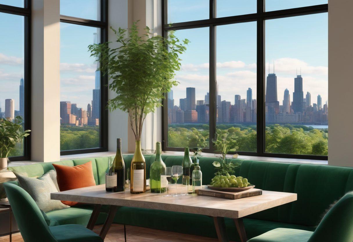 An elegant scene featuring a cozy, luxurious apartment with floor-to-ceiling windows overlooking the Chicago skyline, a stylish table set with vintage wine bottles and glasses, soft ambient lighting, and lush green plants adding a touch of nature. Include a bookshelf filled with wine literature in the background to evoke a sophisticated atmosphere. super-realistic. vibrant colors. 3D.